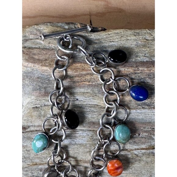 Sterling Silver Multi-Stone Dangling Charm Bracelet 7.5" With Toggle Clasp - Picture 4 of 6